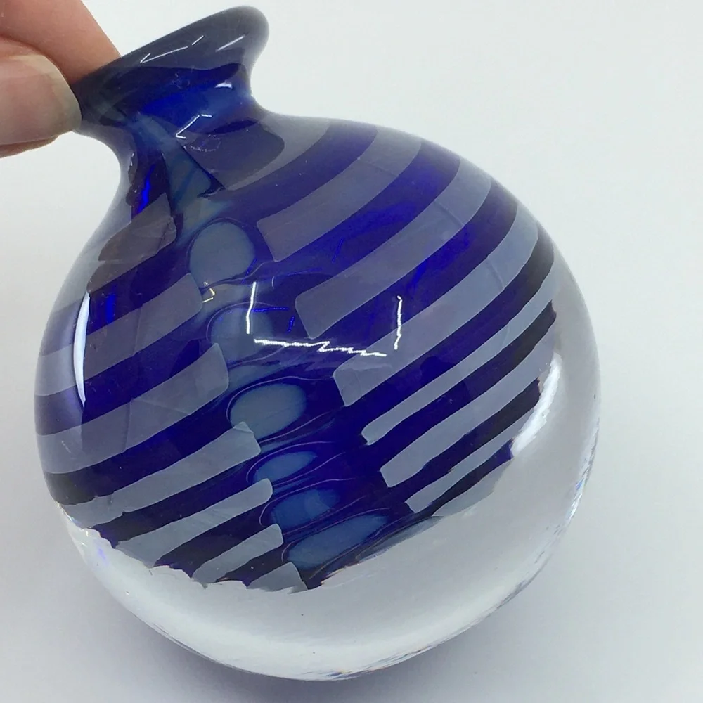 Vintage Cobalt Blue Swirl Glass Vase Paperweight Collectible Art Glass Round